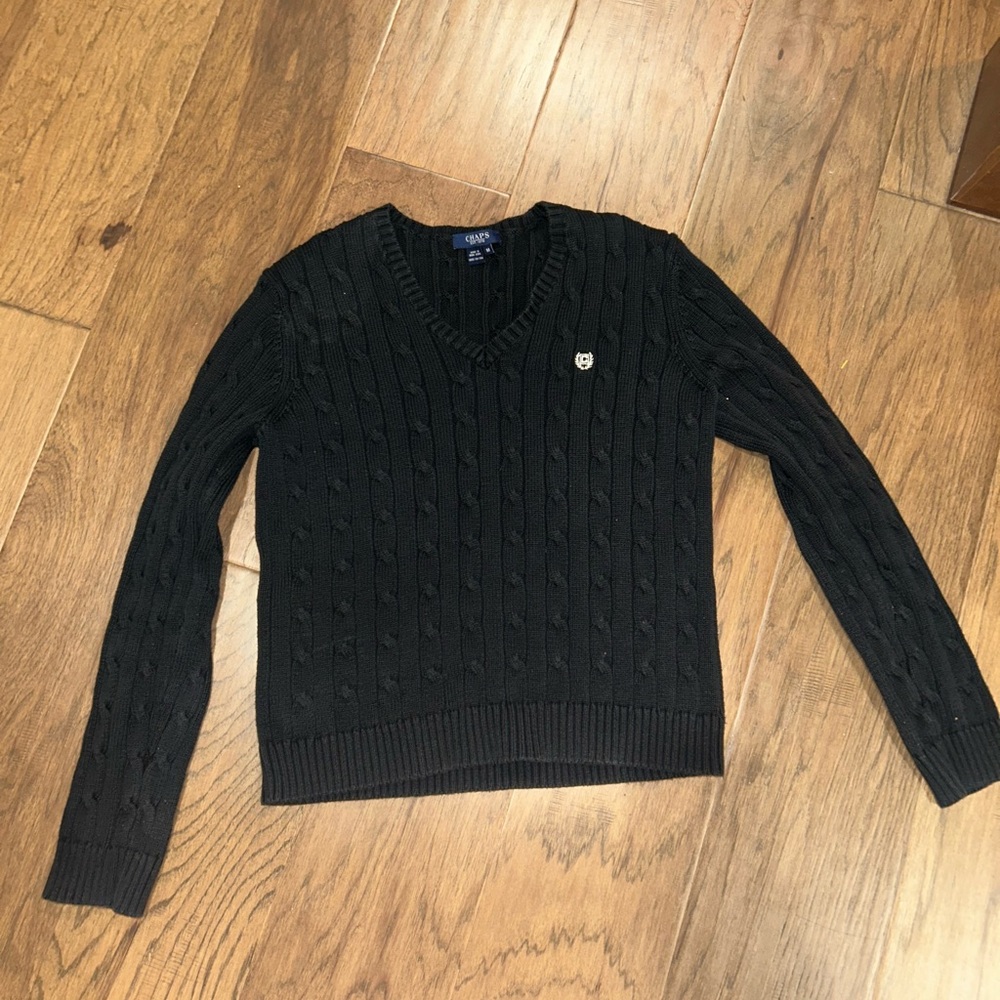 Chaps Black V-Neck Cable Knit Sweater